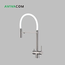 Смеситель 56*24 (белый гибкий излив и кран для питьевой воды), Сатин